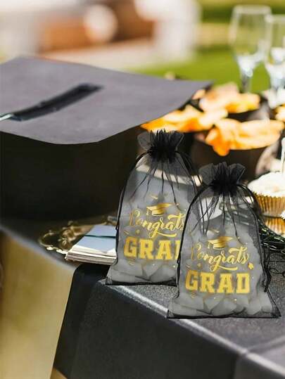 10/20 chiếc Túi dây rút dự lễ tốt nghiệp - Màu đen và vàng với họa tiết chúc mừng tốt nghiệp hình ngôi sao và bằng tốt nghiệp, túi quà bằng vải trong suốt phù hợp làm quà tặng, đồ dùng trang trí tiệc tốt nghiệp (1/10/20 chiếc)