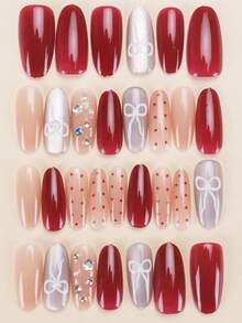 30pcs Long Almond Shape/Vintage Burgundy Gradient Nail Stickers, Exquisite And Gentle, Suitable For Daily Commute, Dating, Holidays And Other Occasions, A Versatile Long-Lasting Sweet Cool Girl Style Nail Sticker - Multicolor - View 3