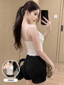 Lace Camisole With Padded Bust, Sexy Cropped Tank Top For Women, Spring/Summer - White - View 3
