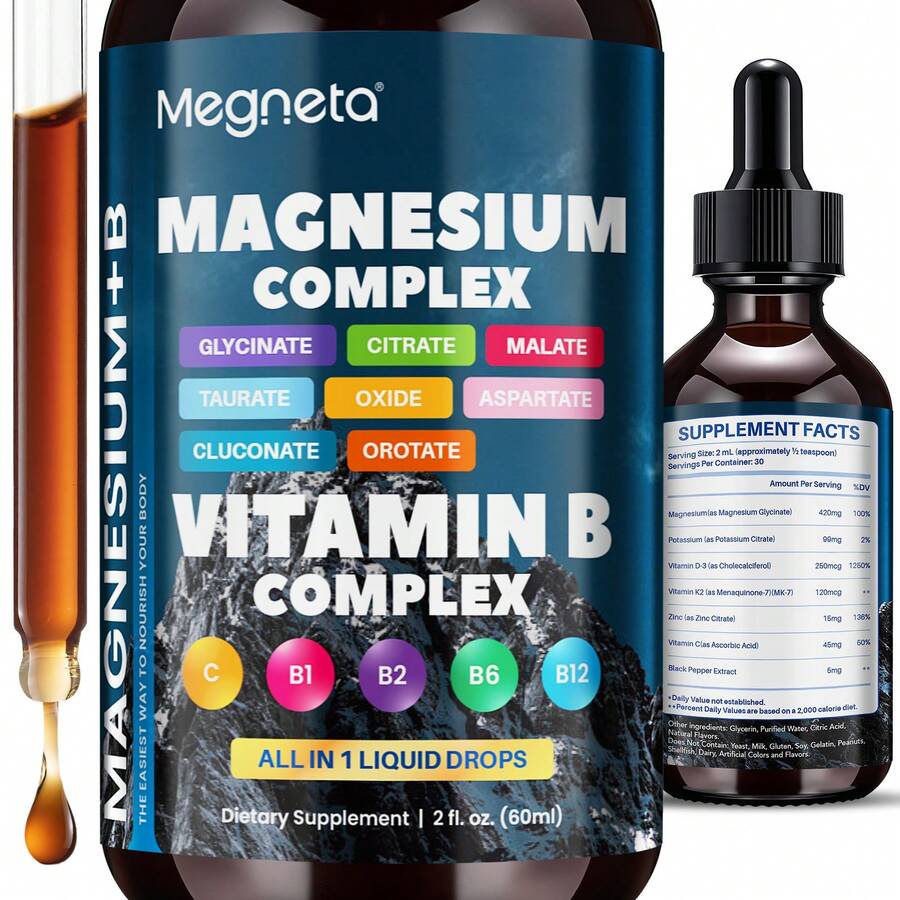 MEGNETA Liquid Magnesium Complex Supplements Featuring 22 Ingredients, Including Glycinate, Oxide, Malate, And Citrate Forms Of Magnesium, Along With Vitamins B6 And B12. This Fast-Acting Formula Supports Sleep, Relaxation, Calmness, Focus - Two bottle-More favorable - 查看 1