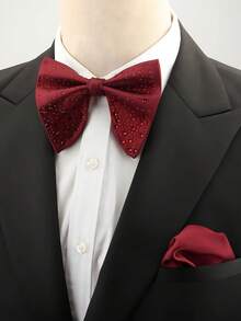 2pcs Polyester Solid Color Bow Tie + Pocket Square Set, Luxury Rhinestone Formal Accessories For Wedding/Banquet, Festival, Gifts - Multicolor - View 3