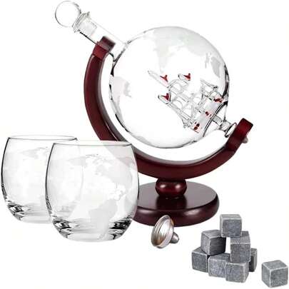 Whiskey Decanter Globe Ship & Whiskey Gles & Stones NEW Whiskey Gift Set