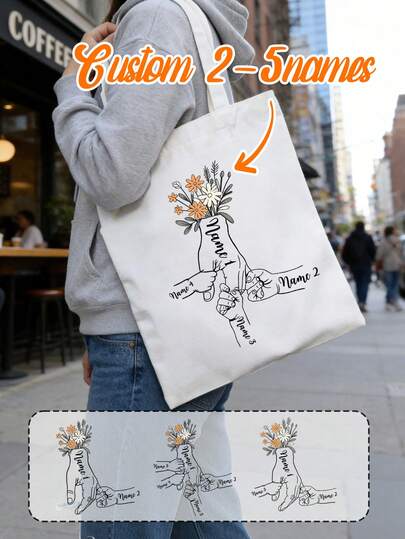 Túi tote nghệ thuật vẽ hoa theo yêu cầu, túi vải canvas cá nhân hóa để mua sắm và du lịch hàng ngày, quà tặng phong cách tối giản, quà tặng Ngày của Mẹ, sinh nhật, kỷ niệm, túi xách tay, túi lưu niệm có thể tùy chỉnh 2-5 tên dành cho mẹ, phụ nữ, gia đình, bạn bè.