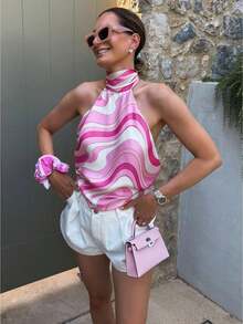 Women's Pink Swirl /Flower Print Satin Halter Top, Backless Tie Up Sexy Crop Top For Club - 粉色 - 查看 1
