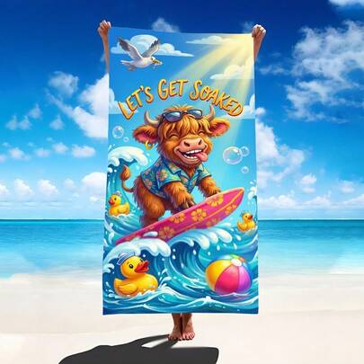 1pc Highland Cow Surfing Oversized Microfiber Beach Towel, Super Absorbent Bath Towel, Suitable For Beach, Pool, Travel, Camping, Yoga