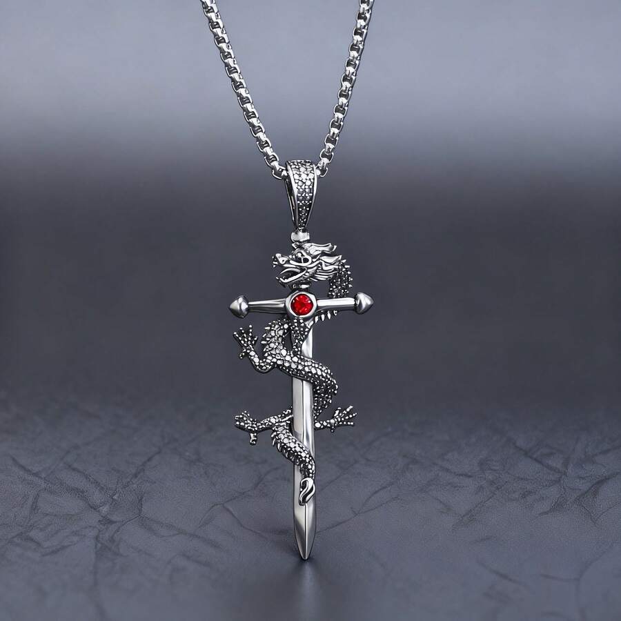 1件时尚朋克风龙剑吊坠项链，男士街头风，适合日常佩戴、派对等场合，是送给男友的最佳礼物 - 銀色 - 查看 1