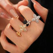 1pc Fashionable Luxury Lucky Clover Flower Ring, Vintage Elegant Copper Zirconia Open Ring, Suitable For Women's Daily, Party, Holiday, Date Wear, Anniversary Gift, Jewelry Gift, Daily Gift - Four-leaf Clover Ring - View 1