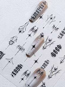 1张哥特式荆棘星形美甲贴纸，黑色朋克复古字母美甲贴花，防水自粘美甲装饰，适用于亚克力/凝胶/甲片，Y2K暗黑风格美甲配件，女生友好，简易DIY美甲贴纸 - 彩色 - 查看 1