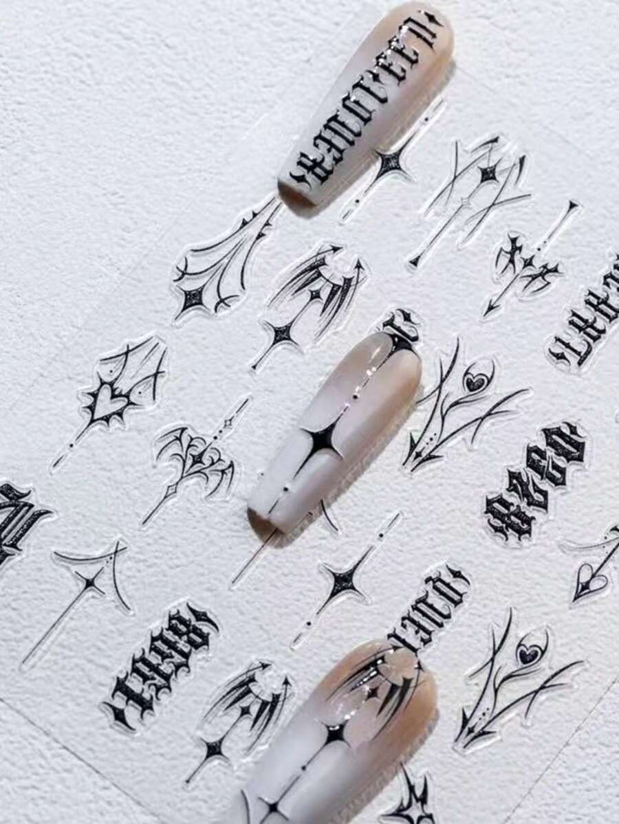 1张哥特式荆棘星形美甲贴纸，黑色朋克复古字母美甲贴花，防水自粘美甲装饰，适用于亚克力/凝胶/甲片，Y2K暗黑风格美甲配件，女生友好，简易DIY美甲贴纸 - 彩色 - 查看 1