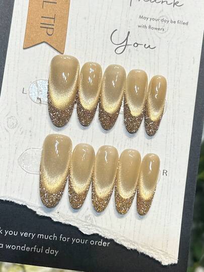 10pcs Handmade Nails Oval Nails Acrylic Press On Nails Long, Gentle Gold Nails, Flashy Cateye, Sugar Powder French Tip Nails, Edgy Elegant Simple Spring Fake Nails, Summer Nails, Party Daily & Dating Use Beach Tropical Getaway Suitable,DIY False Nail Art Suitable For Women & Girls As Gift Nail Supplies