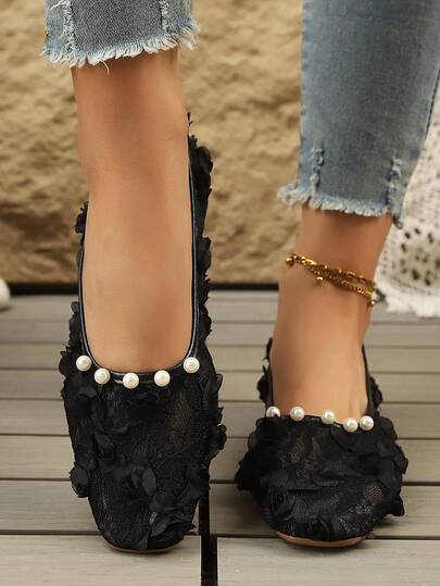 Giày bệt ren hoa hồng 3D, giày đế bằng thấp gót đính ngọc trai, giày mũi vuông mềm mại, giày công sở đa năng cho nữ.