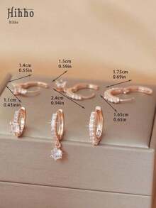Hihho 6pcs Fashion Elegant Zirconia Inlaid Square & Circle Geometric Charm Earrings Set, Includes Round Sparkling Zirconia Pendant Earrings, Rose Gold Plated, Gift For Ladies - 玫瑰金 - 查看 11