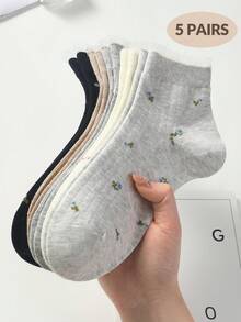 5 Pairs Women's Cute Breathable Floral Pattern Invisible Socks, Ankle Socks And Short Tube Socks, Fashionable INS Style Socks In White And Black, Minimalist And Comfortable, Suitable For Spring, Summer, Autumn And Winter - Multicolor - View 1
