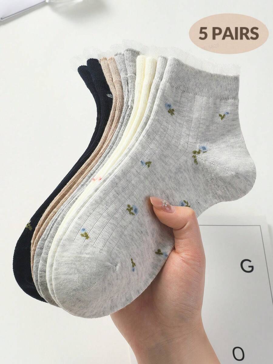 5 Pairs Women's Cute Breathable Floral Pattern Invisible Socks, Ankle Socks And Short Tube Socks, Fashionable INS Style Socks In White And Black, Minimalist And Comfortable, Suitable For Spring, Summer, Autumn And Winter - Multicolor - View 1