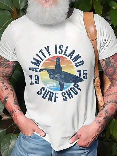 Jaws Retro Amity Island Surf Shop Herren-T-Shirt, Frühlingsoutfit, Baumwoll-T-Shirt
