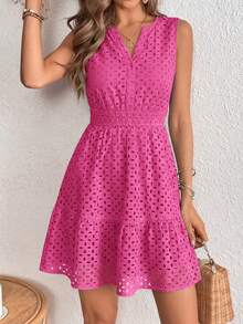PRETTYGARDEN Women's Summer Dress Sleeveless V Neck Eyelet Cutout Swinging A-Line Flowy City Walks Wedding Guest Graduation Beach Vacation Sun Dress - 玫紅色 - 查看 5