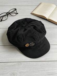 Women's Vintage Soft Corduroy Newsboy Cap Baggy Baker Boy Hat With Wooden Buckle Accent Casual Newsboy Cap Easy To Match Perfect Gift For Women! - 雙紐扣八角帽-黑色 - 查看 3