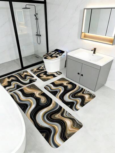 1/3/5件套黑色金色漩涡星空高品质浴室地垫套装。套装包含马桶座套、U型马桶垫、浴室门垫、梳妆台垫和浴缸垫。材质柔软轻便，防滑速干。法兰绒和记忆棉组合，可折叠，具有缓冲效果，防霉，四季皆宜。