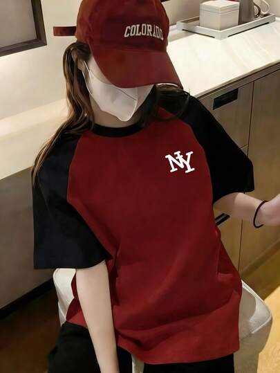 Color Block Raglan Short Sleeve T-Shirt For Women, Round Neck Letter Graphic Print, Suitable For Summer, Beach, Street, Daily, Work, Office Party, Outing, Festival, Music Festival