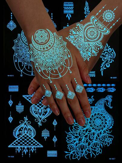 6 Tờ Hình Xăm Tạm Thời Henna Phát Sáng Trong Bóng Tối, Thiết Kế Hoa Văn Mandala, Chống Nước, Bền Màu, Chống Mồ Hôi, Dễ Tẩy, Thích Hợp Cho Lễ Hội Âm Nhạc, Tiệc Đêm & Đám Cưới, Dành Cho Phụ Nữ & Bé Gái, Hình Xăm Giả
