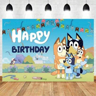  6 tấm phông nền trang trí tiệc sinh nhật Bluey - Phông nền chụp ảnh gia đình hoạt hình chúc mừng sinh nhật.