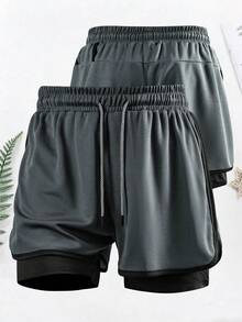 1 chiếc quần short thể thao nam 2 trong 1 mùa hè, chất liệu vải lưới, quần short chạy bộ, thích hợp cho tập luyện tại phòng gym và chạy bộ ngoài trời. - Màu xám đen - Xem 2