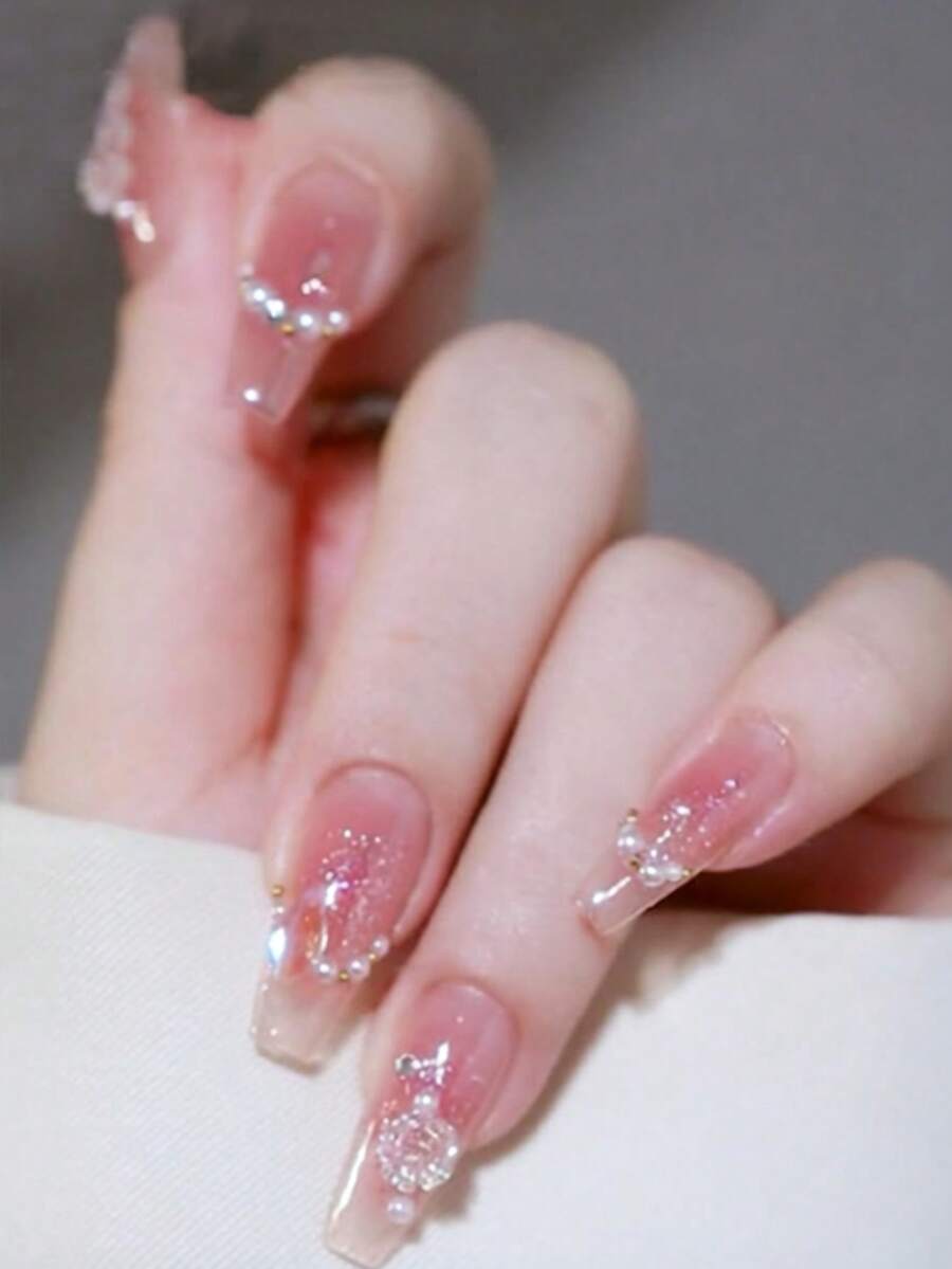 24 móng giả dài vừa phải màu hồng nhạt lấp lấp lánh ánh kim, ánh ngọc trai hoa trà + 24 gel dán móng + dũa móng - Nhiều màu - Xem 1