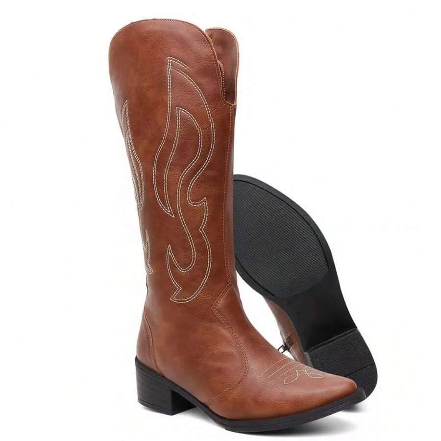 Women's Western-Style High-Top Cowboy Boots With Embroidery, For Rodeos. - Rust Brown - View 1