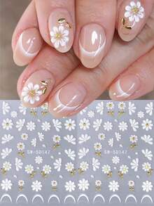 SWEET TREND 5D白色雏菊浮雕美甲贴纸2片装，金色叶子雏菊花瓣法式线条春夏花卉印花DIY全息优雅浪漫时尚自粘凝胶指甲油贴片婚礼沙龙美甲贴片美甲装饰 - 彩色 - 查看 2
