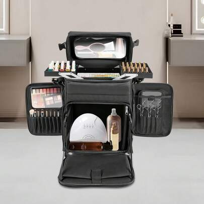 RibasuBB Professional Rolling Makeup Train Case With Telescopic Trolley, 4 Universal Wheels, Extendable Tray, Detachable Clear & Brush Bags, Shoulder Strap, Reinforced Frame, Black