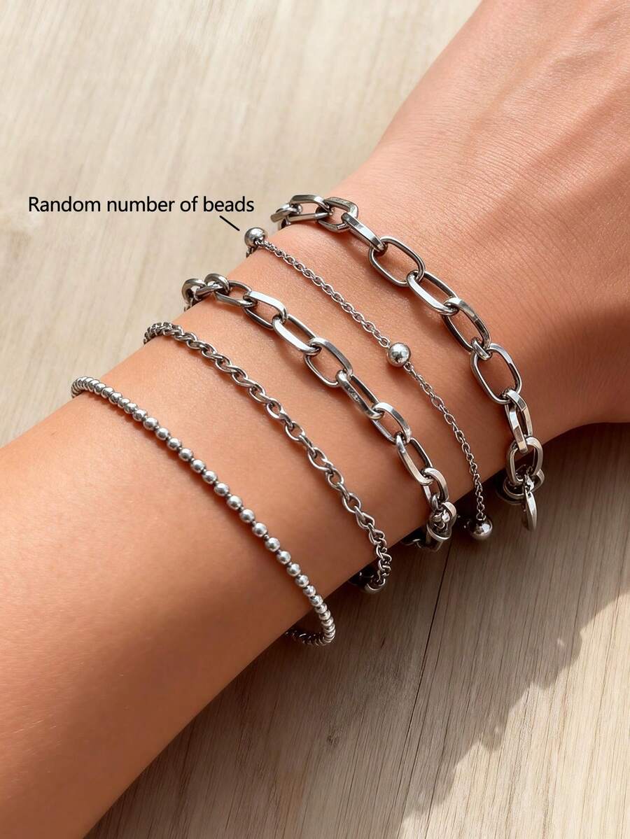 5pcs Silver Stackable Bracelets For Women, Dainty Beaded Figaro Chain Layered Bracelet Set, Jewelry For Party Daily - Silver - View 1