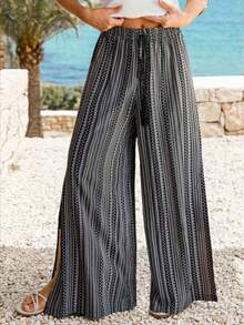 Quần ống rộng kiểu bohemian dành cho nữ, chất liệu polyester, có dây rút, phù hợp cho đi biển hoặc trang phục thường ngày mùa thu. - màu đen - Xem 1