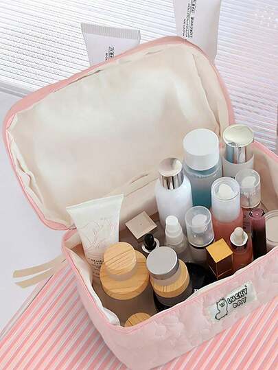 A Pink Quilted Makeup Bag, Stylish, Casual, Large-Capacity, Portable Zippered Makeup Bag, Hand-Held Organizer, Essential For Travel And Vacations, Suitable For Skincare And Beauty Products, Home Decor, And Perfect For Mothers, Women, Nurses, Students, Female Students, Keys, Etc.