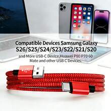 黑色混色红黑编织尼龙 USB-A 转 Type-C 数据线，支持 3A 快充 [3.3 英尺/6.6 英尺/10 英尺]，兼容三星 Galaxy S26 S25 S24 S23 S22 S21 S10、Note 20 10 9 A51 G8 G7、Pixel 及其他 USB-C 设备，春季母亲节生日礼物 - 紅色 - 查看 7