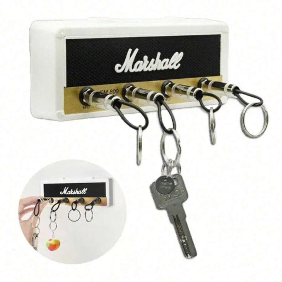 Creative Guitar Shaped Wall Hanging Key Box, 1Pc Home Key Storage Organizer With Keychains & Wall Mount Kit, Music Themed Wall Hook Decor, Compact Key Holder For Entryway Hallway, Unique Decorative Storage For Guitar Enthusiasts, Stylish Household Ornament - 白色鑰匙圈底座+四個插頭 - 查看 1