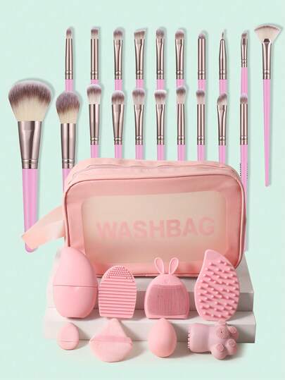 27件套化妆工具套装，包括：20支化妆刷套装+1个化妆海绵+1个三角粉扑+1个迷你气垫粉扑+1个面部冰敷袋+1个化妆刷清洁工具+1个硅胶软毛面部梳+1把梳子+1个硅胶猫爪形面部刷+1个多功能防水拉链化妆包
