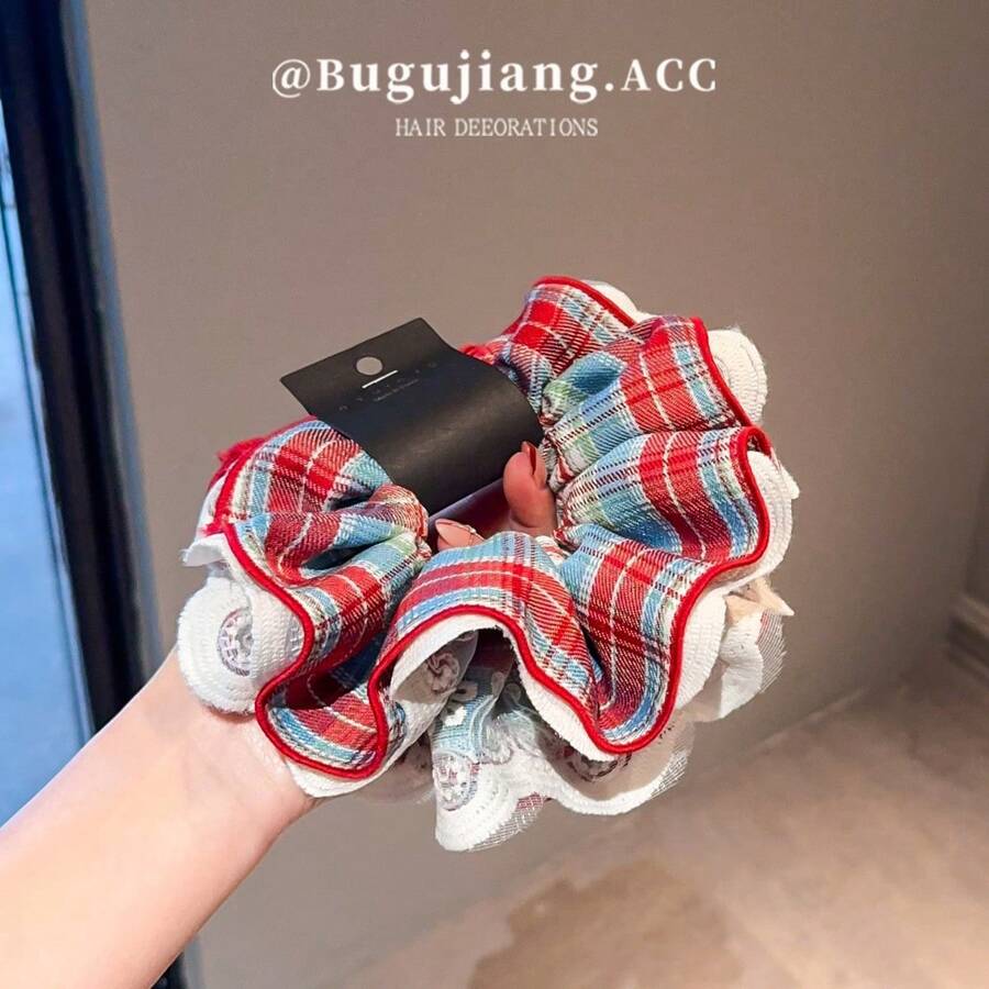 Hair Accessory Sets - Red Plaid Lace Hair Tie, 4 Layers, 16cm - View 1