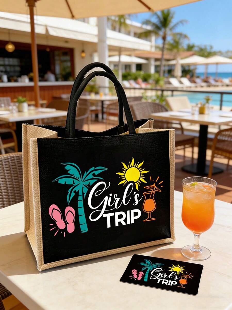 Bolso de tela con estampado tropical "Girl's Trip" y estuche a juego para maquillaje, bolso de lona con estampado de palmeras, sol y chanclas para playa y vacaciones, bolso de yute reutilizable - Multicolor - Ver 1