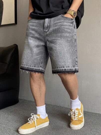 Quần short denim ống rộng rách gấu, quần short jeans dáng lửng phong cách Y2K, quần short denim dáng rộng thoải mái đa năng phong cách đường phố, quần short denim cotton túi xéo, quần jeans mùa hè