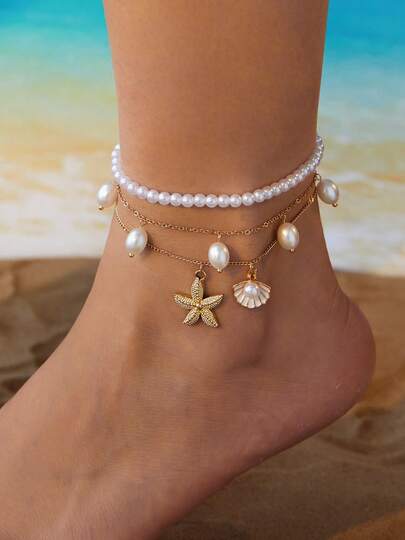 3 pièces/set Chaîne de cheville multicouche pour femmes en couleur or avec pendentif en forme d'étoile de mer, coquillage et perle blanche. Convient pour le port quotidien et les vacances