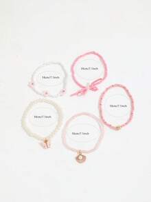 5pcs Bohemian Style Faux Pearl Beaded Elastic Cord Bracelet With Shell, Flower & Butterfly Pendants, Women Bracelet Set - Gold - View 6