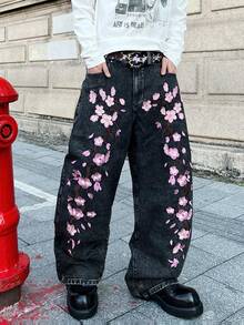 1pc Vintage American Street Style Men's Embroidered Snowflake Gray Loose Fit Wide Leg Jeans, Comfortable And Fashionable Versatile Denim Pants For All Seasons (Belt And Accessories Not Included) - Grey - View 4