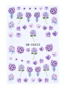 SWEET TREND 2 piezas de calcomanías de uñas 3D con flores de hortensias púrpuras, elegantes y románticas, con pétalos de flores púrpuras degradados, hojas verdes, estampado floral de primavera y verano, decoración de uñas DIY, moda, boda, autoadhesivo, esmalte de gel, salón, deslizador, suministros de arte de uñas - Multicolor - Ver 3