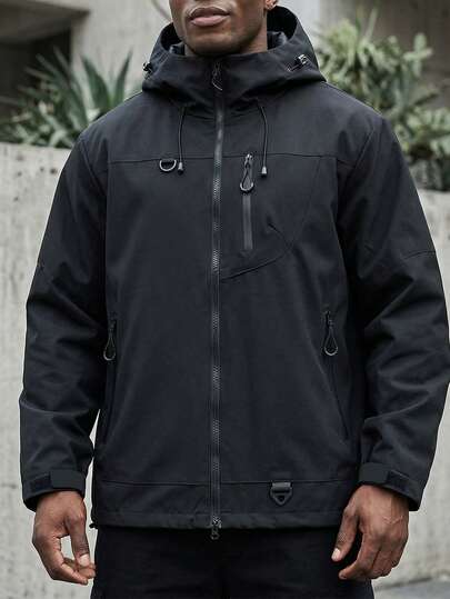 1pc Black Hooded Jacket, Men's Casual Sports Jacket, Men's Windbreaker, Casual Sports Style, Soft And Textured Fabric, Multi-Zipper Pocket Design, Boyfriend Style, Machine Washable, Daily, Hiking, Summer Outdoor Sports, Camping, Commuting, Outdoor Sports Tops For Men