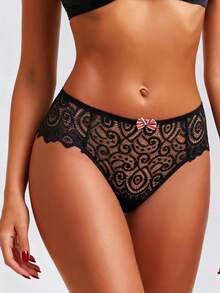 1 chiếc quần lót ren gợi cảm dành cho nữ, đồ lót nữ, quần lót kiểu briefs có nơ. - màu đen - Xem 1
