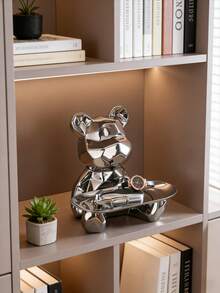 1 pieza Estatua de oso de cerámica abstracta con bandeja para almacenamiento, organizador de llaves y cosméticos, con hucha. Estatua decorativa para estantería. Mejor regalo - Plateado - Ver 6