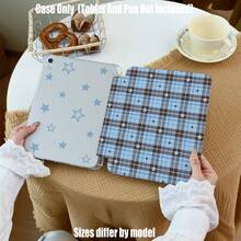 Tri-Fold High-Transparency Acrylic Tablet Case With Pen Slot. Features A Refreshing Checkered And Star Print Design. Tablet Case Features: Tri-Fold Stand Design, Smart Sleep/Wake, Transparent Soft Back Panel, Built-In Pen Slot, Precise Cutouts, Lightweight And Portable. Compatible With Mini 4/5/6/7, 5/6/8/9/10/11, Air 3/4/5/6/7, Pro 10.5/11/12.9/13 Inch. Compatible With All Galaxy Tab S6 Lite/S7/S8/S9/S10/FE/Plus/A8/A9Plus Models. - Cold Coffee Version - View 4