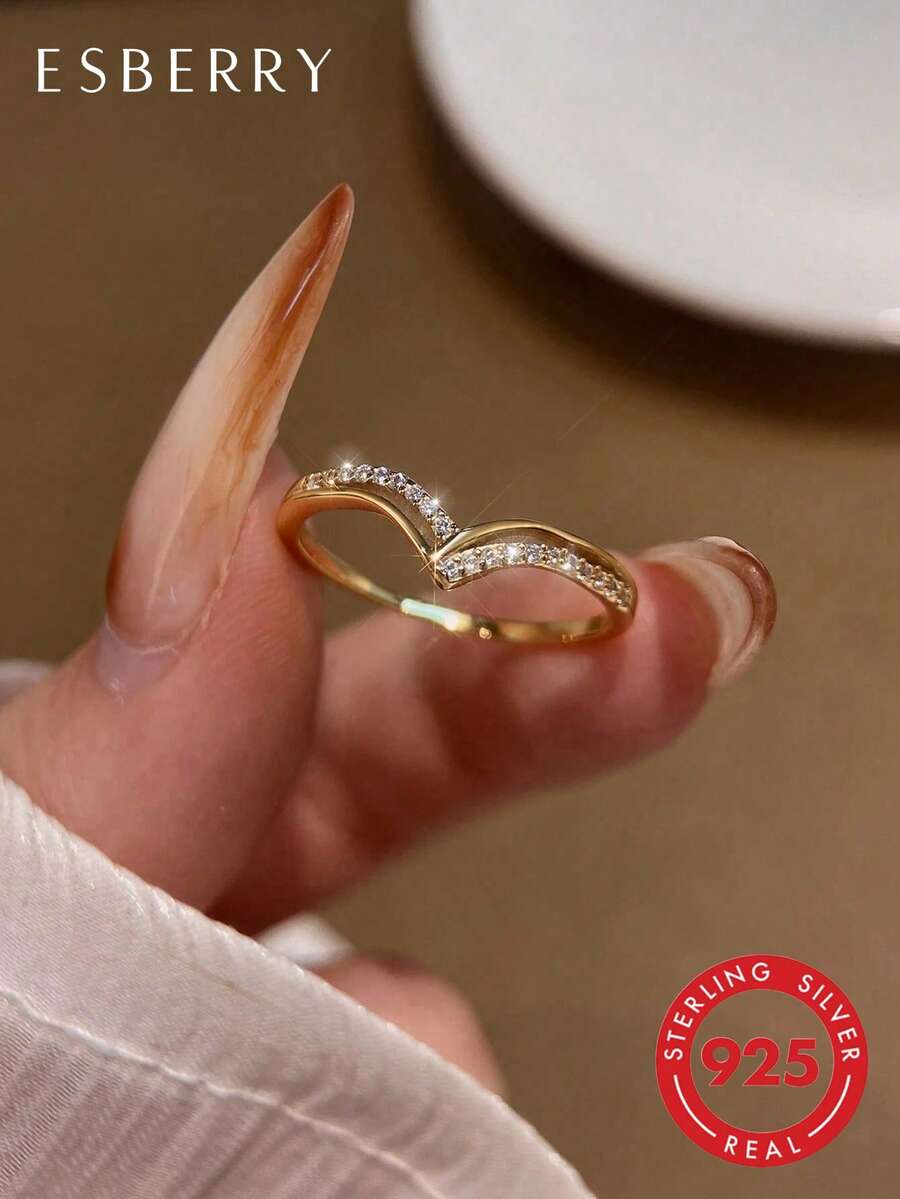 ESBERRY 1枚S925纯银V形订婚/结婚戒指，女士承诺/永恒戒指，精致珠宝礼品