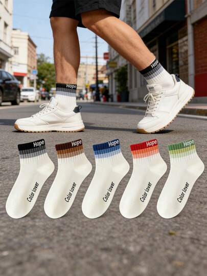 1/5 pares de calcetines de tobillo con rayas de colores y textura degradada para mujeres, calcetines casuales cómodos y transpirables de algodón