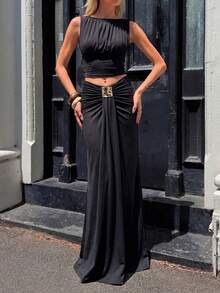 女士优雅黑色船领两件套，荷叶边细节，垂褶上衣，高腰裙，修身剪裁，适合海滩度假、浪漫约会、夏季郊游、假期和休闲周末野餐。 - 黑色 - 查看 6